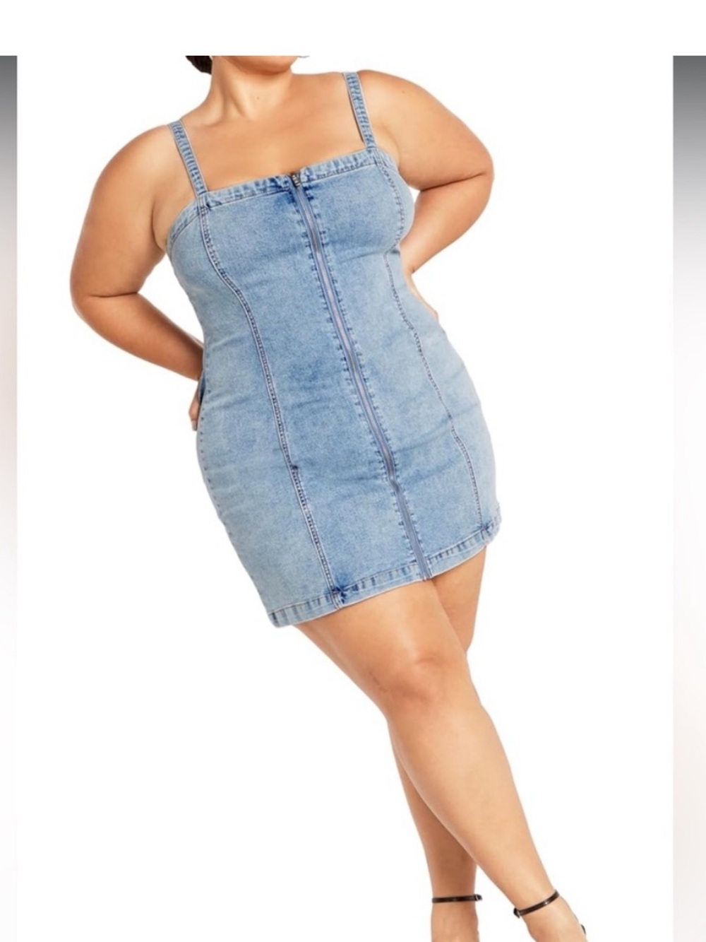 City Chic Light Blue Denim dress with front zipper.